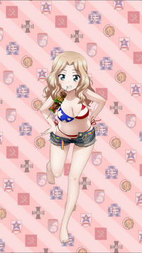 凯伊的比基尼打扮，其款式为经典的星条旗比基尼。