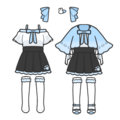 常服 上装：白色上衣（领口有蓝色蝴结，露肩），淡蓝色短外套（袖口较大，袖长比手臂短）。 下装：黑色百褶裙（淡蓝色边），白丝＋腿环，鞋子：大概是凉鞋。