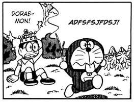 《哆啦A梦：大雄的云之王国》中坏掉故障的哆啦A梦和困惑的大雄使用+形眼