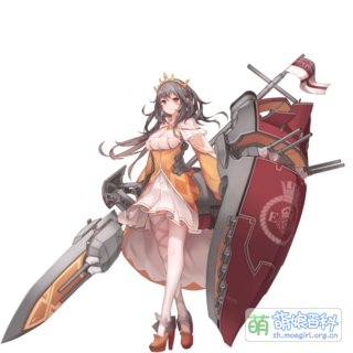 手持武器包方案另一例：《战舰少女》中的伊丽莎白女王。和声望“手持大号模型”的方案比起来，舰载武器拟物化成矛盾组合的方案明显更加自然。