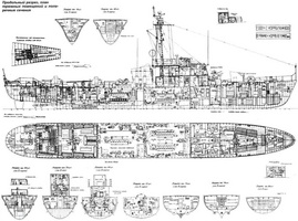 图为前苏联6604型猎潜艇剖视图，该型艇配备了比较强大的武器系统，包括1门单管85mm主炮、2门单管37mm炮、2挺12.7mm机枪与2座RBU-1200型火箭式深水炸弹发射装置。
