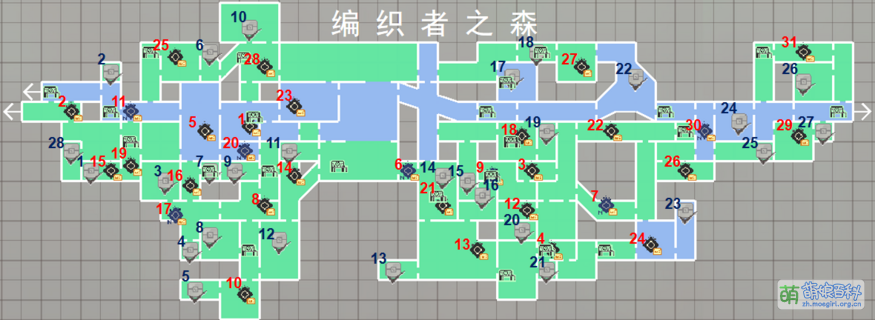 红数字为战斗点序号、蓝数字为宝箱位置序号
